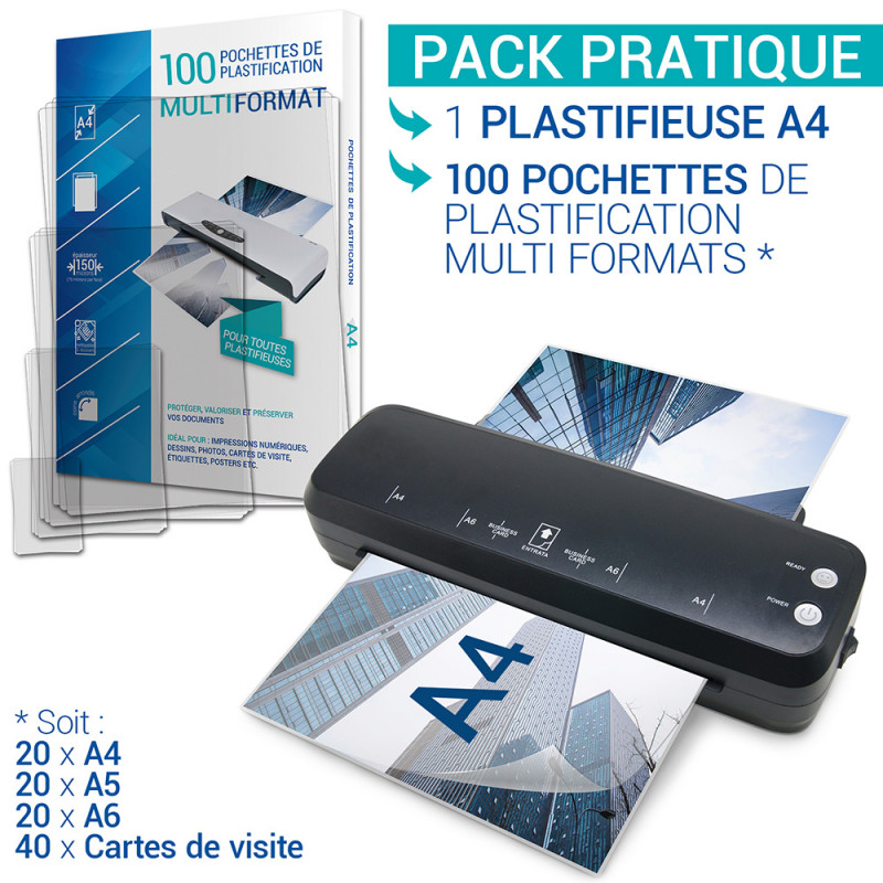 Plastifieuse A4 (A5, A6, A7) Pro avec 100 poch. multiformats 150 mic.