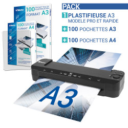 Pack Plastifieuse A3 2x150 mic avec 200 pochettes(100 A4 +100 A3)