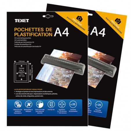 Boîte 50 pochettes de plastification A4 150µ (75 microns / face)