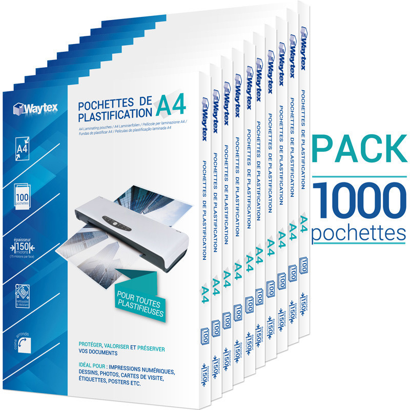 Pochettes de plastification 75 micr./face A4 - Pack de 1000