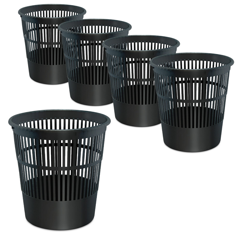 Lot de 5 Poubelles de bureau Noir Corbeille ajourée ronde - 16L