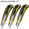 Pack 3 cutters 18mm guide lame, manche grip antiglisse jaune et noir