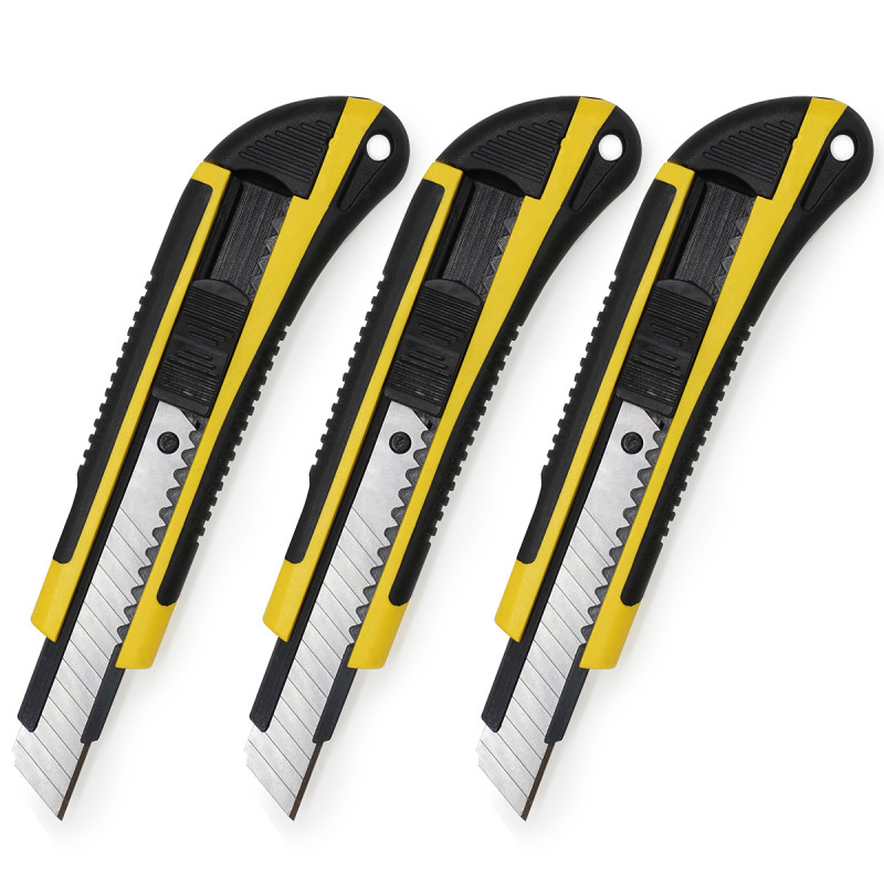 Pack 3 cutters 18mm guide lame, manche grip antiglisse jaune et noir