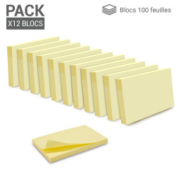 Lot 12 blocs notes adhésives rectangles 100 feuilles jaune 75x125mm