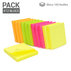 Lot 12 blocs notes adhésives 100 feuilles couleurs néon 75x75mm