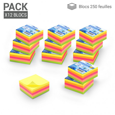 Lot 12 blocs notes adhésives 320 feuilles multicolores néon 50x50mm