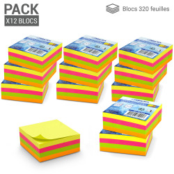 Lot 12 blocs notes adhésives 320 feuilles multicolores néon 75x75mm