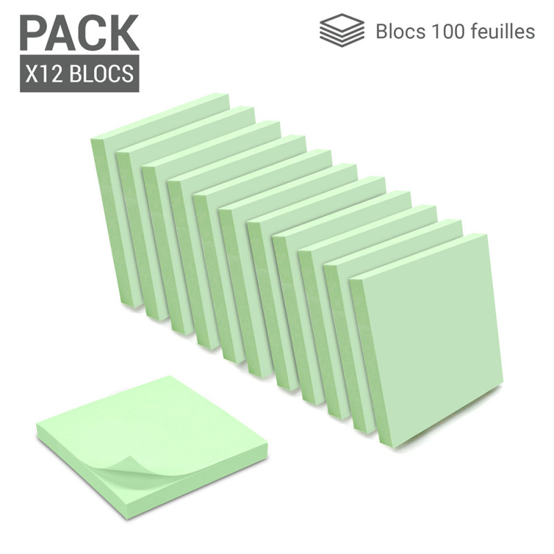 Lot 12 blocs notes adhésives 100 feuilles vert pastel 75x75mm