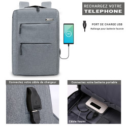 Sac à Dos Urbain 15,6 Pouces Polyester Oxford Multipoches USB Gris