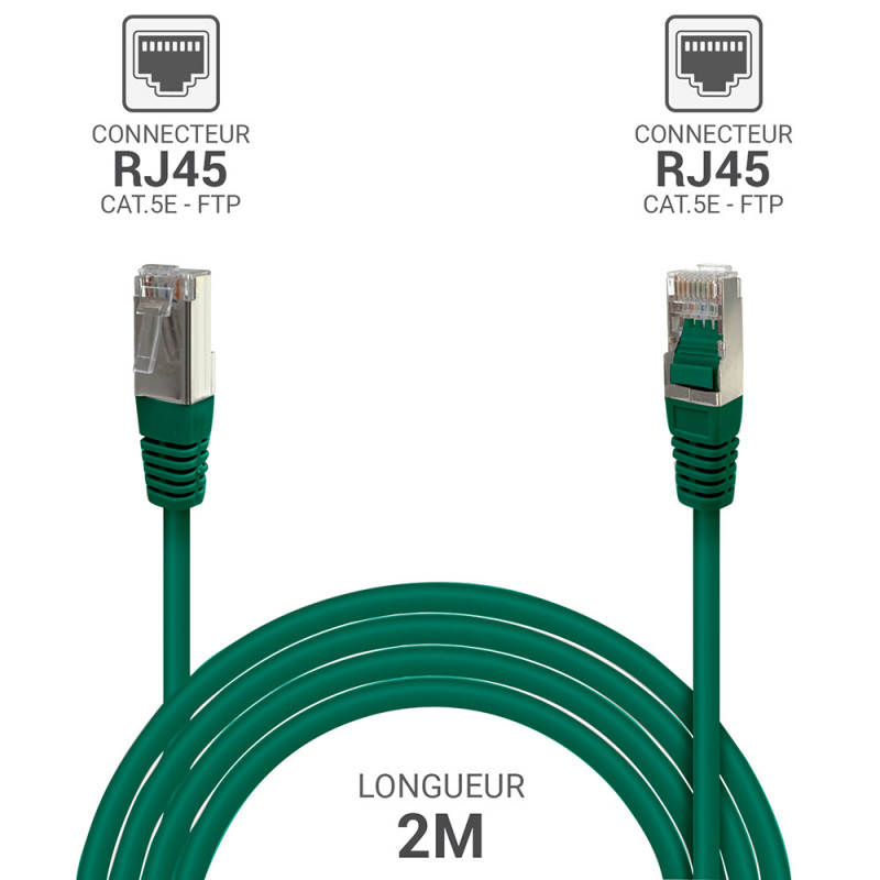 Câble Réseau Ethernet RJ45 Cat 5e FTP blindé vert 2m