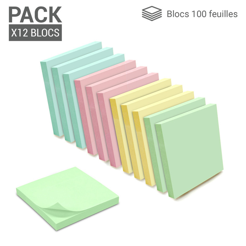 Lot 12 blocs notes adhésives 100 feuilles couleurs pastel 75x75mm