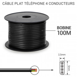 Câble téléphonique Plat 4 conducteurs Bobine 100m Noir