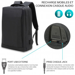 Sac à Dos Urbain 15,6 Pouces Polyester Oxford Multipoches USB Noir