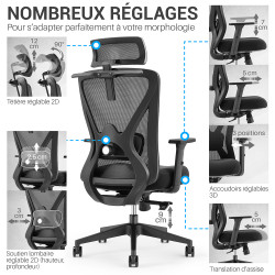 Fauteuil de Bureau soutien lombaire et accoudoirs réglables noir