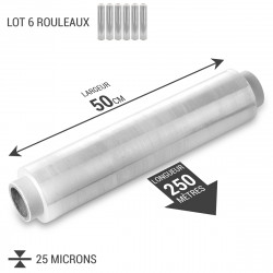 Pack 6 Films palette transparent 50cm x 250m 25 microns étirable