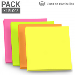 Notes autocollantes couleurs vives néon 4 blocs de 100 notes 75x75mm