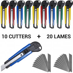 Pack 10 cutters 18mm plastique solide + 20 lames de rechange