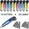 Pack 10 cutters 18mm plastique solide + 20 lames de rechange