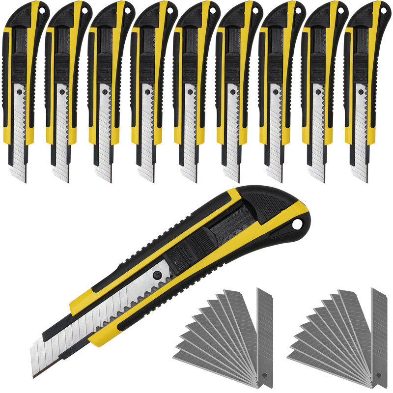Pack 10 cutters 18mm manche grip antiglisse + 20 lames de rechange
