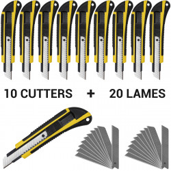 Pack 10 cutters 18mm manche grip antiglisse + 20 lames de rechange