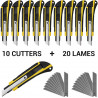 Pack 10 cutters 18mm manche grip antiglisse + 20 lames de rechange