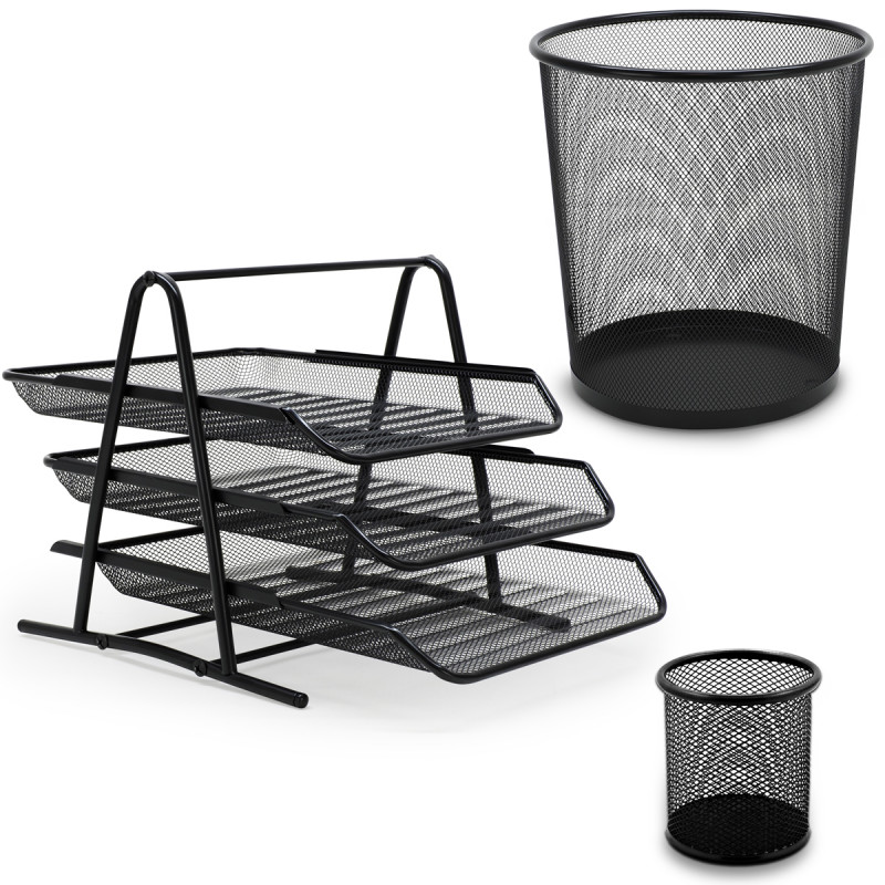 Ensemble d'accessoires de bureau en métal noir maille ajourée rigide