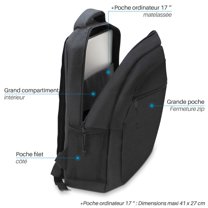 Sac à Dos pour Ordinateur jusqu'à 17'' Noir, 22L, Poche Filet