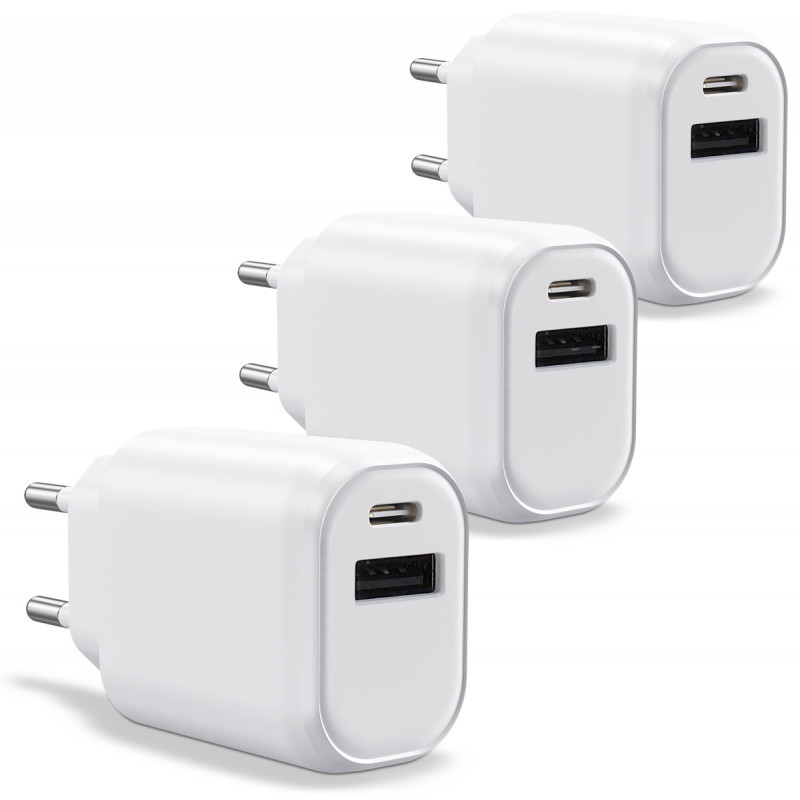 Lot de 3 chargeurs secteur 30w double, avec 1 port usb c et 1 port usb