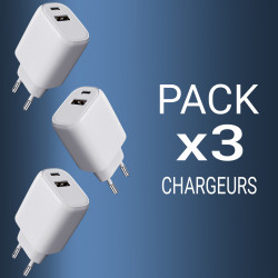 Pack 3 Chargeurs Rapides USB-C 20W QC 3.0+PD Blanc avec Puce IC 