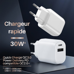 Pack 3 Chargeurs Rapides USB-C 20W QC 3.0+PD Blanc avec Puce IC 
