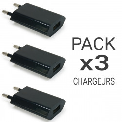 Pack 3 Prises Chargeurs USB Universel sur Secteur, 2 broches Noir