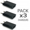 Pack 3 Prises Chargeurs USB Universel sur Secteur, 2 broches Noir