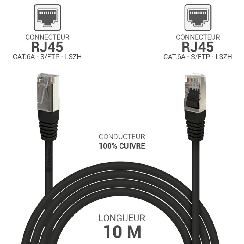 Câble réseau RJ45 Cat. 6a 100% cuivre S/FTP LSOH noir 10.00m