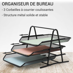 Organisateur de Bureau métal ajouré Noir 3 Corbeilles à Courrier