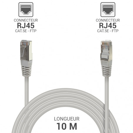 Câble Réseau Ethernet RJ45 Cat 5e FTP blindé gris 10m