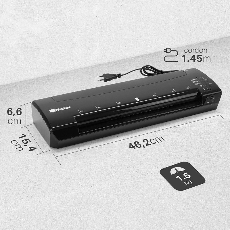 Plastifieuse A3 Pro Waytex 78208 Ultra Rapide - Plastification Chaude & Froide Jusqu'à 500 Microns, Température Réglable + Rogneuse A4 & Coupe Angle Inclus