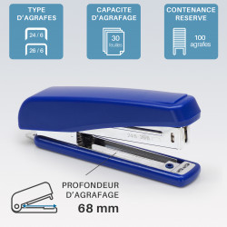 Agrafeuse de Bureau 30 feuilles Mécanisme métal 24/6 et 26/6 - Noir