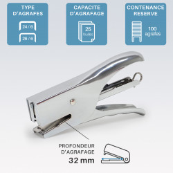 Pince agrafeuse de bureau compacte métal 25 feuilles 24/6 - 26/6