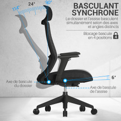 Fauteuil Bureau accoudoirs ajustables et hauteur réglable, noir