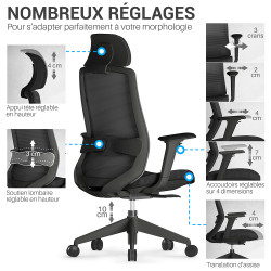 Fauteuil Bureau accoudoirs ajustables et hauteur réglable, noir