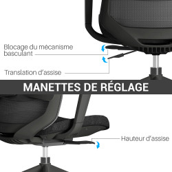 Fauteuil Bureau accoudoirs ajustables et hauteur réglable, noir