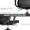 Fauteuil Bureau accoudoirs ajustables et hauteur réglable, noir