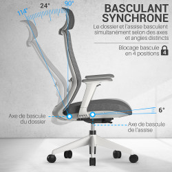 Fauteuil Bureau gris, accoudoirs ajustables et hauteur réglable
