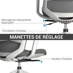 Fauteuil Bureau gris, accoudoirs ajustables et hauteur réglable