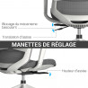 Fauteuil Bureau gris, accoudoirs ajustables et hauteur réglable