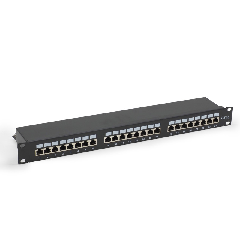 Panneau de brassage noir 19'' 1U 24 ports Cat. 6 blindé