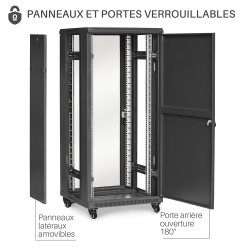 Baie réseau 19 pouces 27U 600x600 Noir, porte vitrée, Livrée montée