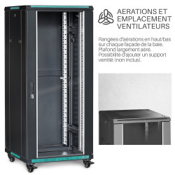 Baie réseau 19 pouces 27U 600x600 Noir, porte vitrée, Livrée montée