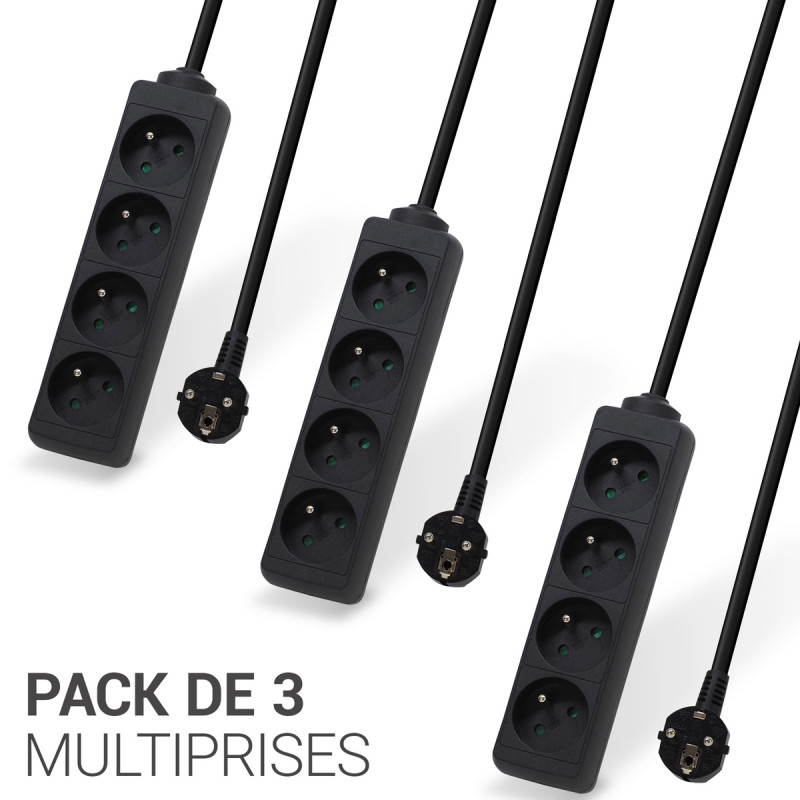 Lot de 3 multiprises électriques 4 prises avec rallonge de 5m, couleur noire