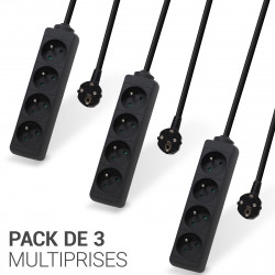 Lot de 3 multiprises électriques 4 prises avec rallonge de 3m, couleur noire